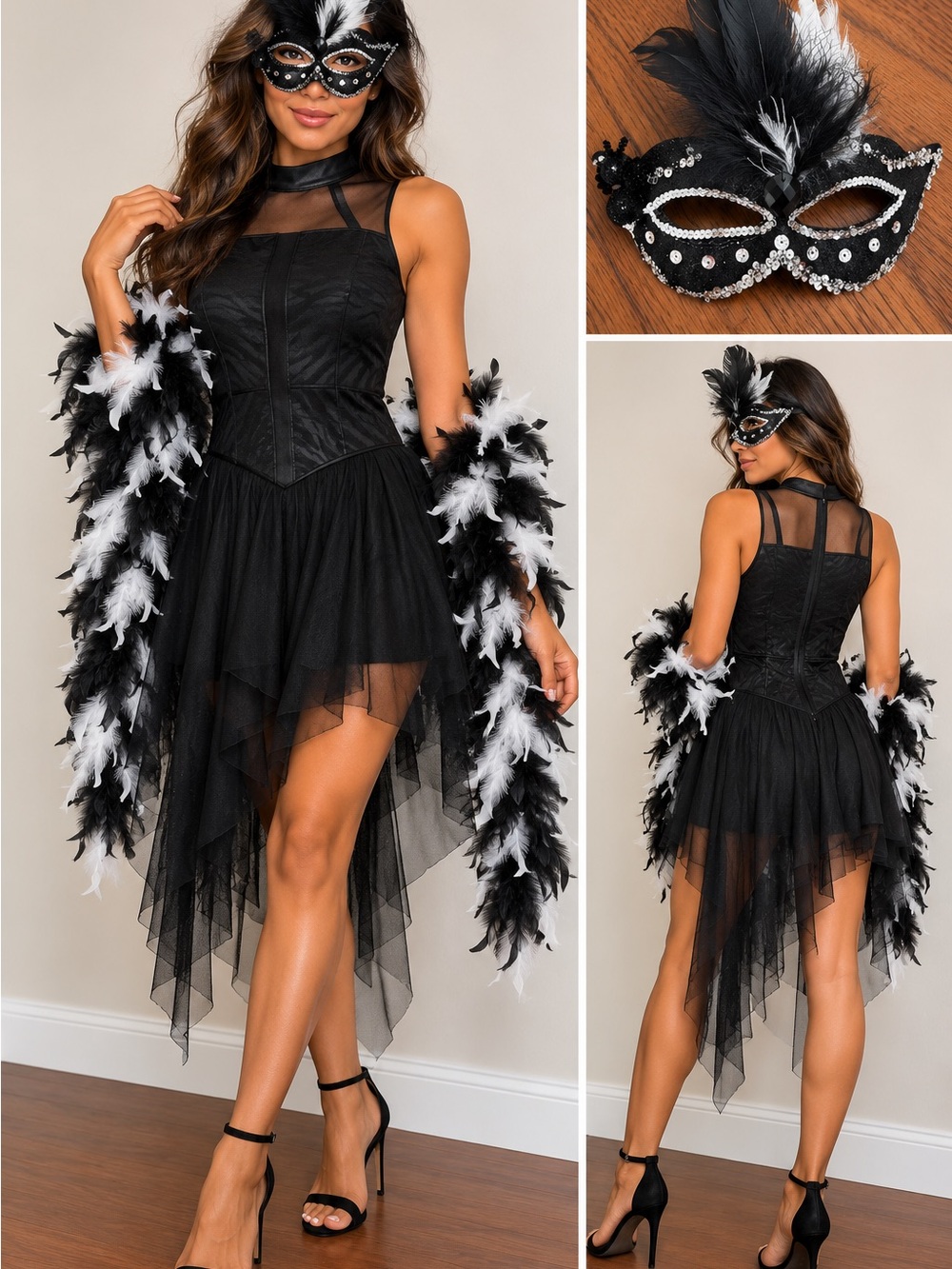 Revolution Dancewear Gothic Masquerade Costume Small Dress + Mask + Boa
